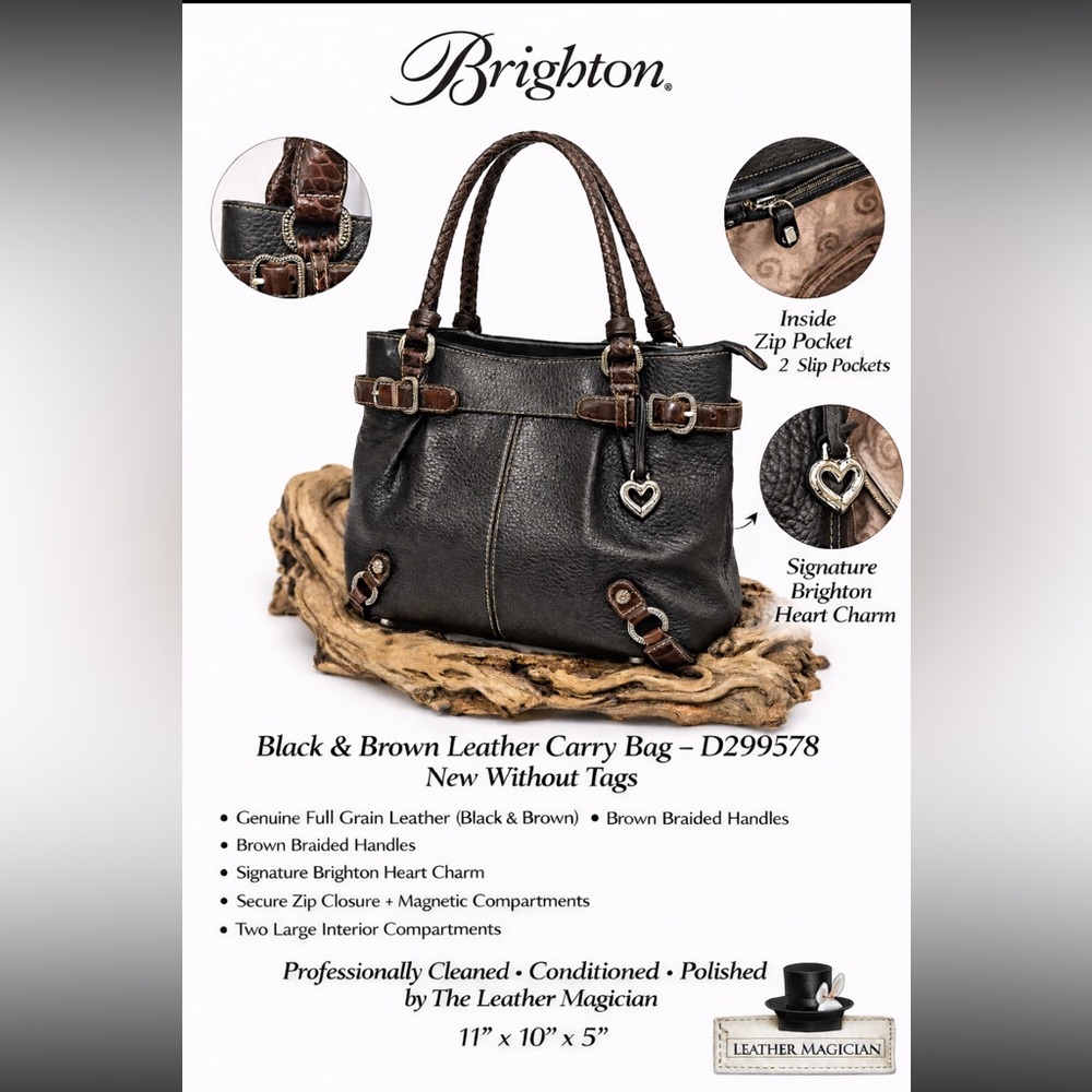 Brighton Black Brown Leather Shoulder Bag Braided Handles Heart Charm NWOT